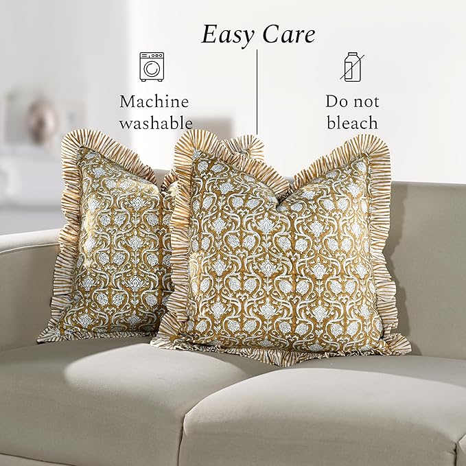 CPC Block Print Ruffle Throw Cover Mustard Regal 24"x24" Inch Pack of 2-100% Cotton Ruffle Couch Decorative Boho Pillows Case for Living Room, Bedroom, Sofa, Farmhouse Gift for Spring, Mother's Day