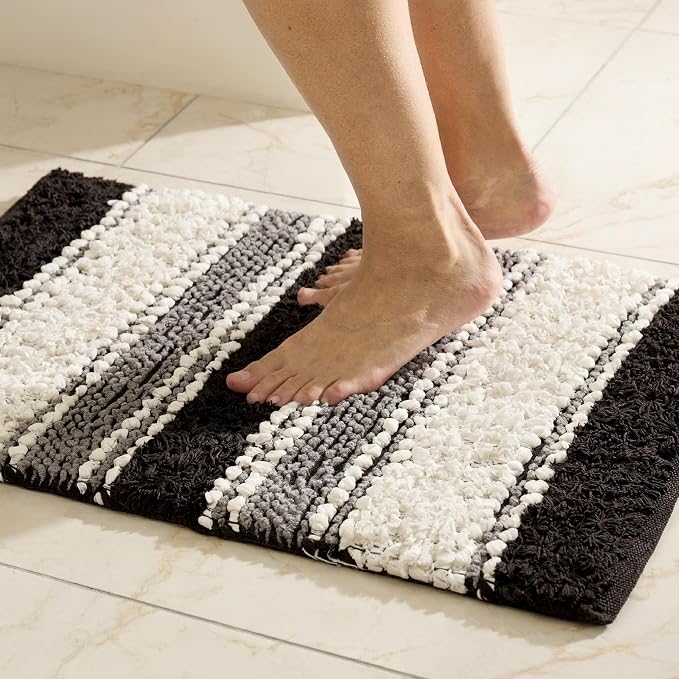 Chenille Cotton Bath Rug 20x32 Inch - Charcoal, Non-Slip Absorbent Quick Dry Floor Mat Ideal for Bathroom, Kitchen, Laundry Room | Grey Washable Accent Soft Shaggy Throw Door Mats for Entryway, Patio