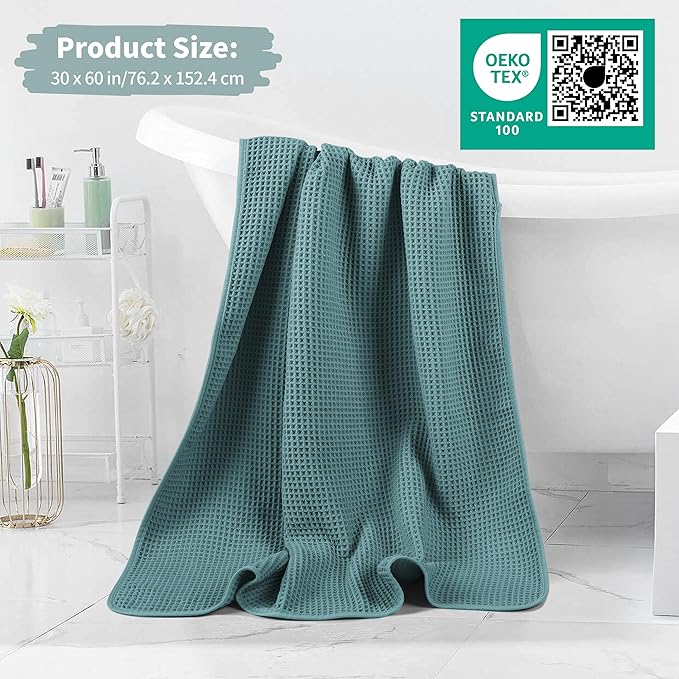 MICROFI New Microfiber Waffle Bath Towels, 2 Pieces, Oversized, Soft, Absorbent, Fast Drying, Lint Free 430 GSM (Green)