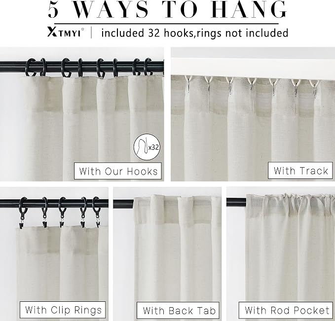 XTMYI 86 Inch Linen Curtains, Semi Sheer Light Filtering Boho Back Tab Pleated Rod Pocket Drapes for Living Room Bedroom, 40 x 86 inches Long 2 Panels Set, Cream Ivory