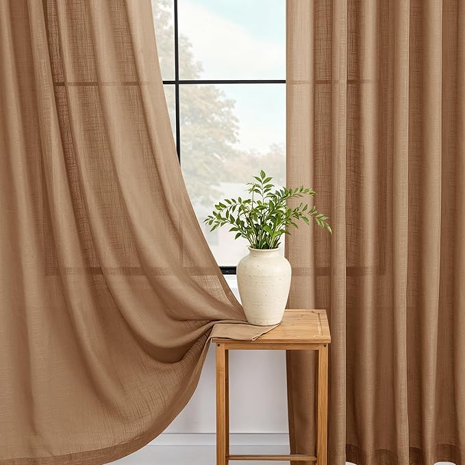 Brown Curtains for Living Room Back Tab Modern Farmhouse Semi Sheer Curtains 102 inches Long 2 Panels Set Muted Neutral Window Curtain for Dining Room Bedroom 52x102