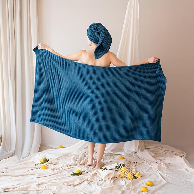 4-Piece Waffle Towels Set for Bathroom - Soft 100% Turkish Cotton Quick-Dry Lint-Free Waffle Weave Thin Bath and Hand Towels (Indigo, 2 Bath & 2 Hand Towel Set)