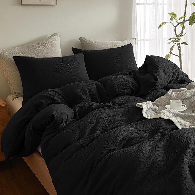 SE SOFTEXLY Muslin Duvet Cover Queen Size, 100% Washed Cotton Duvet Cover Set, Ultra Soft Comforter Cover Linen Like, 3 Pieces Minimalist Gauze Duvet Cover with 2 Pillowcases, 90"x90", Black