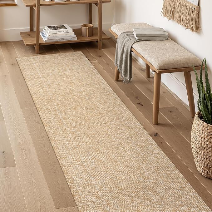 LEEVAN Hallway Runner Rug 12 ft, Cotton Woven Washable Runner Rugs, Tan Braided Low Pile Kitchen Runners Rug, Modern Bathroom Rugs Long Front Door Floor Carpet for Classroom/Bedroom/Doorway