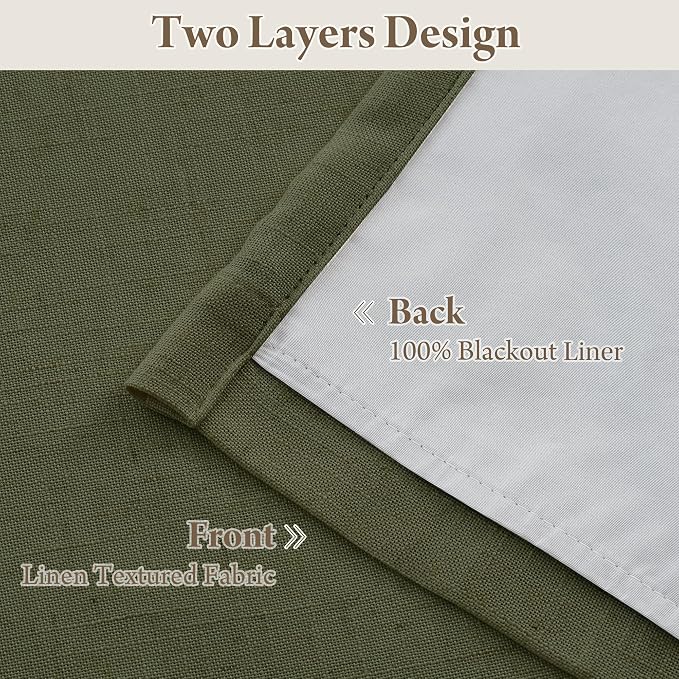 RYB HOME 100% Blackout Olive Green Pinch Pleated Linen Curtains for Bedroom, 2 Layers Thermal Insulated Natural Neutral Decor for Farmhouse Living Room, 40" W x L84 L, 2 Panels Set