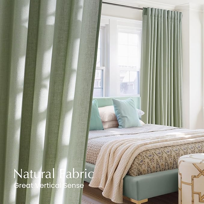 NICETOWN Linen Blend Greyish Green Curtains 84 inches Long 2 Panels Set, Rod Pocket & Back Tab Privacy Added Thick Flax Semi Sheer Window Treatments for Bedroom/Farmhouse, W55 x L84
