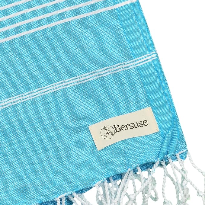 Bersuse Towels Anatolia XL Beach Blanket Throw Blanket Turkish Towel 100% Cotton Extra-Large Quick-Dry Lightweight Premium Peshtemal Towel - 61x82 Inches, Turquoise (Set of 3)
