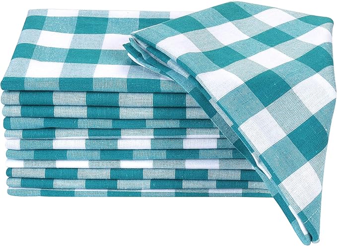 Dinner Napkin Gingham Plaid Check, 100% Cotton, Wedding & Cocktail, Fabric with Mitered Corners & Generous Hem, Set of 12, 18x18 inches, Teal White Checks