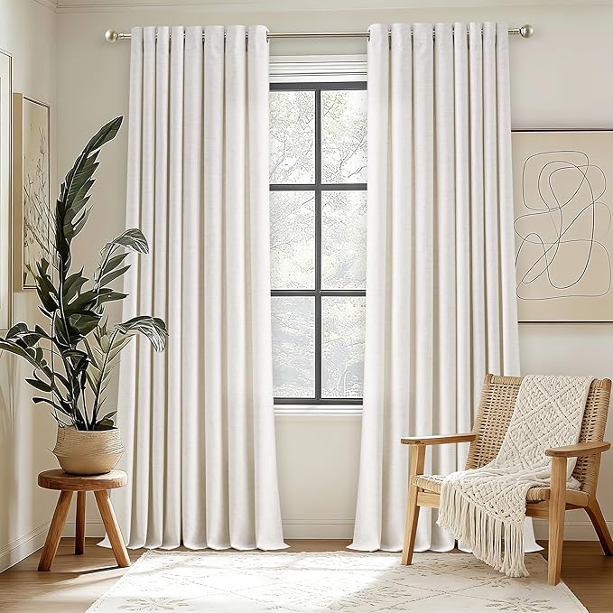 84 Inch Length 2 Panels Set Off White Linen Curtains Ivory Cream Colored Light Filtering Semi Sheer Grommet Drapes Thick Linen Privacy Non-See-Through Curtain for Living Room 52x84