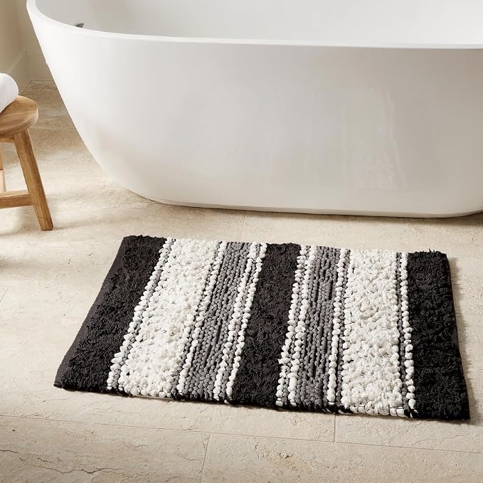 Chenille Cotton Bath Rug 20x32 Inch - Charcoal, Non-Slip Absorbent Quick Dry Floor Mat Ideal for Bathroom, Kitchen, Laundry Room | Grey Washable Accent Soft Shaggy Throw Door Mats for Entryway, Patio