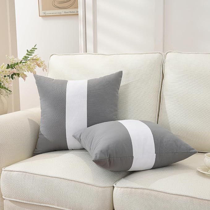 TAOSON Set of 2, Gray 100% Cotton Canvas Patchwork Throw Pillow Covers 18x18 Inch, Modern White Striped Farmhouse Decor Cushion Covers for Sofa Couch Bedroom Living Room