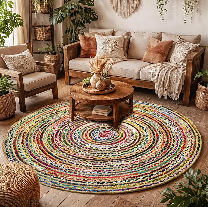 COTTON CRAFT Jute Cotton Chindi Braid Rag Rug - Boho Farmhouse Rustic - Handwoven Reversible Natural Jute and Recycled Cotton Throw Area Rug Carpet - Home Décor - 7 Feet Round - Multi Color