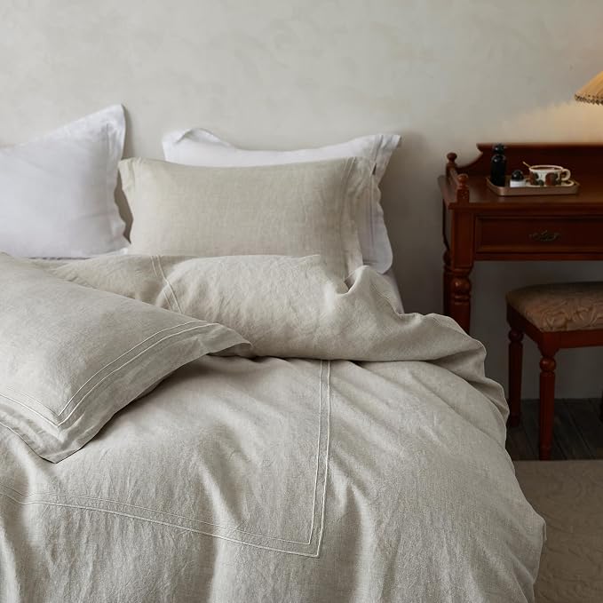 Simple&Opulence 100% Washed Linen Duvet Cover Set 68"x86" - 2 Pieces Soft Farmhouse Comforter Set Double Embroidered with Button Closure - 1 Duvet Cover and 1 Pillowsham (Linen, Twin)