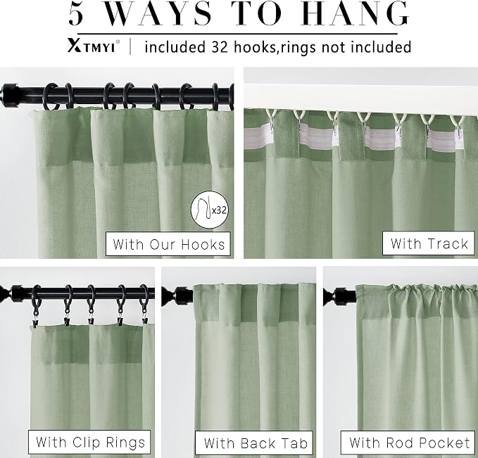 XTMYI Sage Green Sheer Curtains 63 Inch Length for Living Room,Boho Rod Pocket Light Filtering Linen Semi Transparent Bedroom Curtains Drapes 63 Inches Long 2 Panels Set for Bathroom Window Kitchen