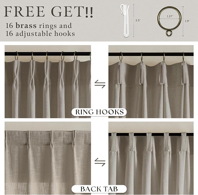 Taupe Pleated Linen Curtains 126 Inches Long for Living Room 2 Panels Set Greyish Beige Flax Pinch Pleat Drapes Back Tab Farmhouse Ceiling Floor 126 Inch Window Curtains Bedroom Burlywood Birch