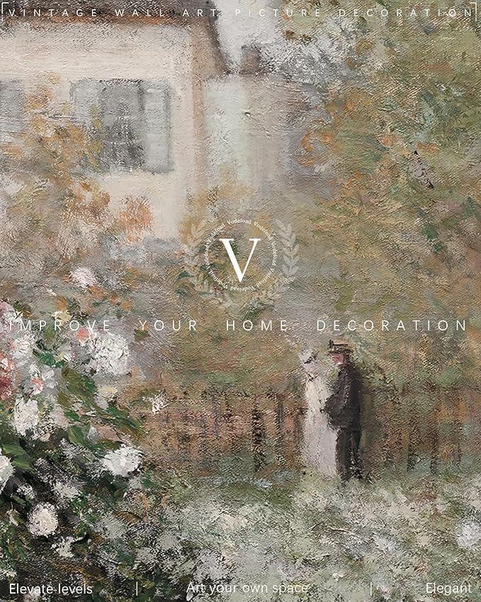 Vodefoad Vintage Rose Garden Wall Decor, Country Landscape Wall Art, Cottage Flower Garden Landscape Oil Art Print, Pastoral Style Retro Wall Decor for Gallery Living Room Bedroom (UNFRAMED 8x10in)