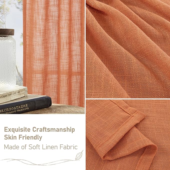 LAMIT Linen Semi Sheer Curtains 96 inches Long 2 Panels Set, Light Filtering Panels Back Tab and Rod Pocket Floor to Ceiling Curtains for Bedroom/Living Room, Burnt Orange, 52 x 96 Inch