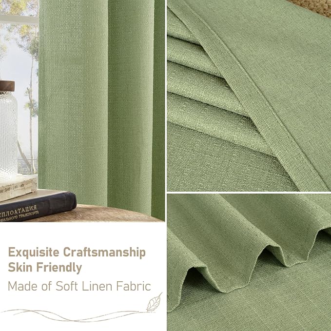 LAMIT Natural Linen Thermal Curtains for Living Room, Grommet Thick Light Reducing Curtains Window Light Filtering Panels for Bedroom/Farmhouse, Set of 2 Panels, W52 x L72, Sage Green