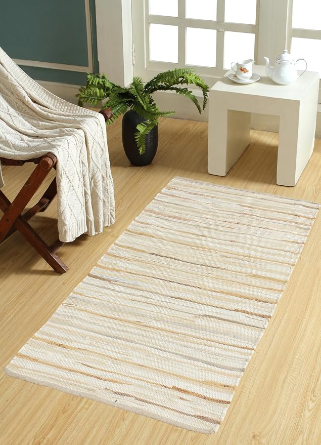 Handmade Cotton Chindi Rug Runner Area Rag Washable Recycled Rugs for Home Décor, Living Room and Bedroom (Beige, 3X5 Feet)