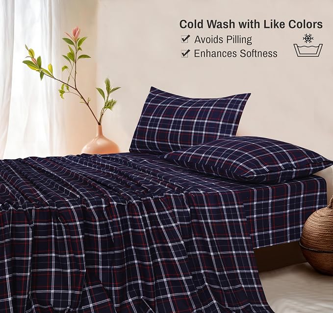 RUVANTI Flannel Sheets Full Size - 100% Cotton Double Brushed Bed Sheets Set, Deep Pockets 16 Inches, All Seasons Breathable & Extra Soft Full Sheets, Warm & Cozy, 4 Piece, Yankees Blue