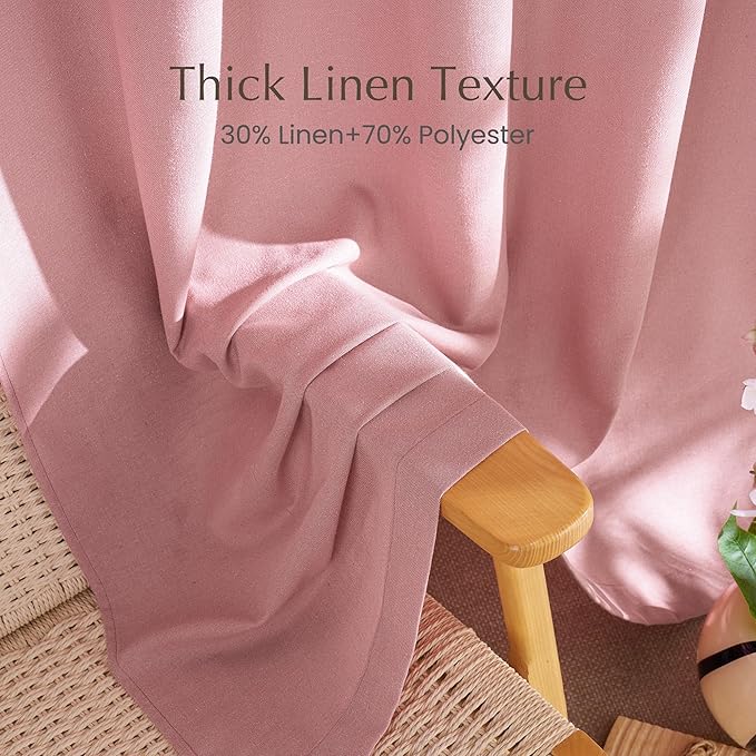 NICETOWN Thick Linen Pink Curtains for Girls Room, Rod Pocket & Back Tab Flax Linen Burlap Vertical Drapes Privacy Assured with Light Filtering Window Treatments for Bedroom, W55 x L84, 2 Panels