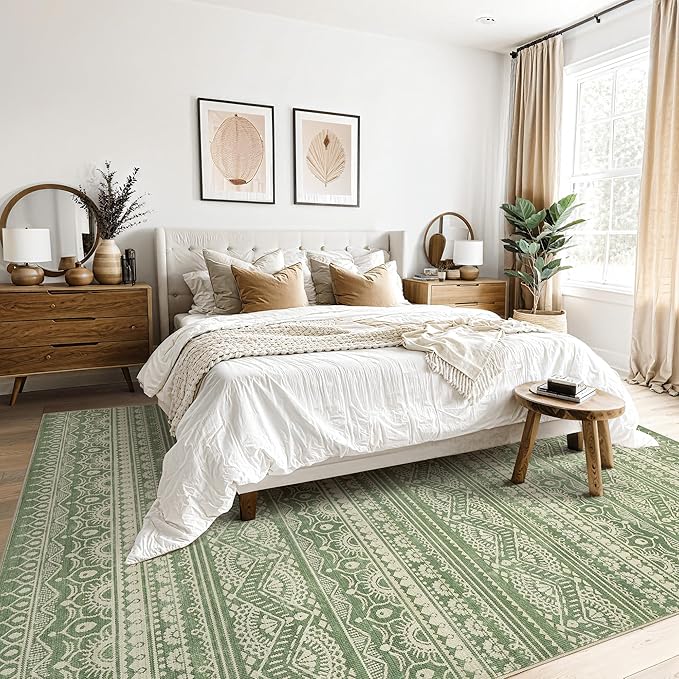 Tortania Area Rug Living Room Rugs - 6x9 Washable Large Soft Neutral Boho Moroccan Bohemian Farmhouse Rug Indoor Floor Carpet for Bedroom Under Dining Table Home Office Decor - Green