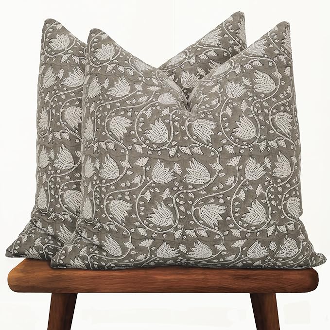 Hand-Block Printed, Artisan-Made Neutral Accent Throw Pillow Covers- 100% Cotton Cushion for Sofa, Bed, Chair, Home Decor, Boho, Indoor - Sansa (New Greige, 20" x 20" (Pack of 2))
