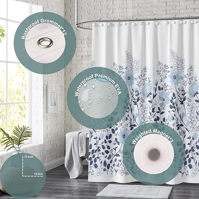 Plastic Shower Curtain Liner, Premium EVA 6G Classic Bloom Shower Curtain, Shower Curtains for Bathroom with 3 Magnetic Weights and Rustproof Grommets (Classic Bloom, 72x72 in)