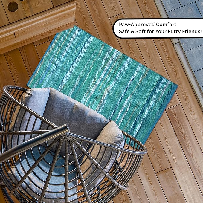 Ramanta Home Hand Woven 100% Cotton Chindi Rag Rug 2'x3' - Teal, Recycled Reversible Rug, Boho Farmhouse Rugs for Living Room, Dinning Room, Kitchen, Entryway, Bedroom Rugs - 24"x36"