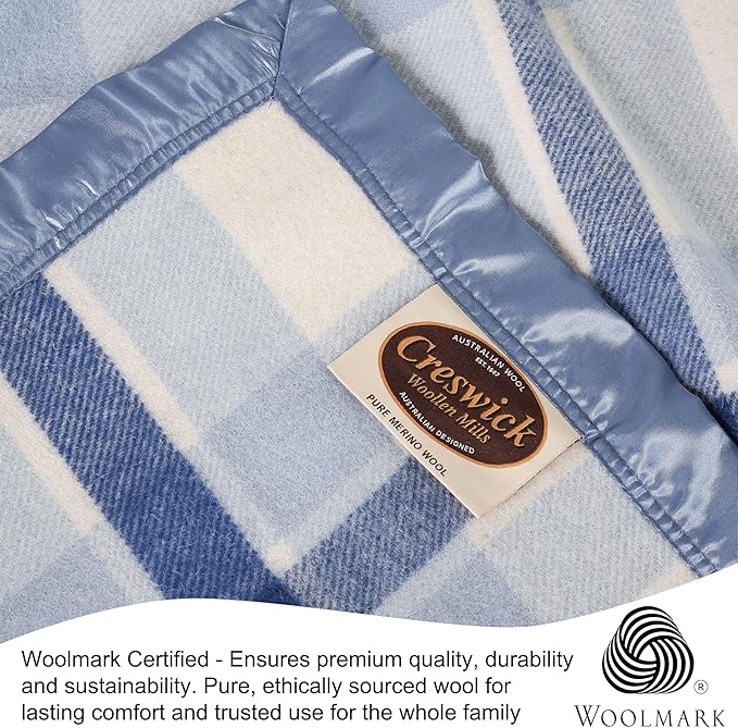 Creswick Woollen Mills 100% Australian Merino Wool Blanket – Soft Warm and Natural with Satin Binding, Breathable Luxury Bedding for All Seasons, (Blue Plaid, Twin Size)