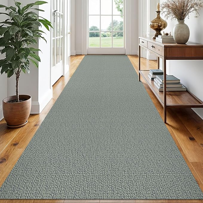 EARTHALL Extra Long Runner Rug 3x16 Ft Washable Runners for Hallways Cotton Non Slip Entryway Runner Braided Kitchen Runner Indoor Outdoor Carpet Runners for Hotels, Hall, Stair, Green/Grey