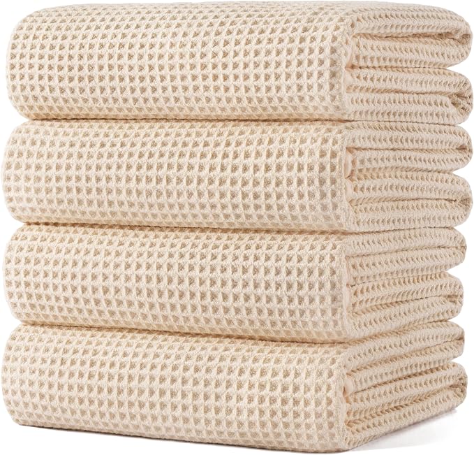 POLYTE 430 GSM Microfiber Oversize Quick Dry Lint Free Bath Towel, 60 x 30 in, 4 Pack (Waffle Weave)