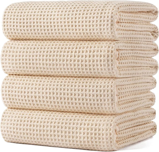 POLYTE 430 GSM Microfiber Oversize Quick Dry Lint Free Bath Towel, 60 x 30 in, 4 Pack (Waffle Weave)