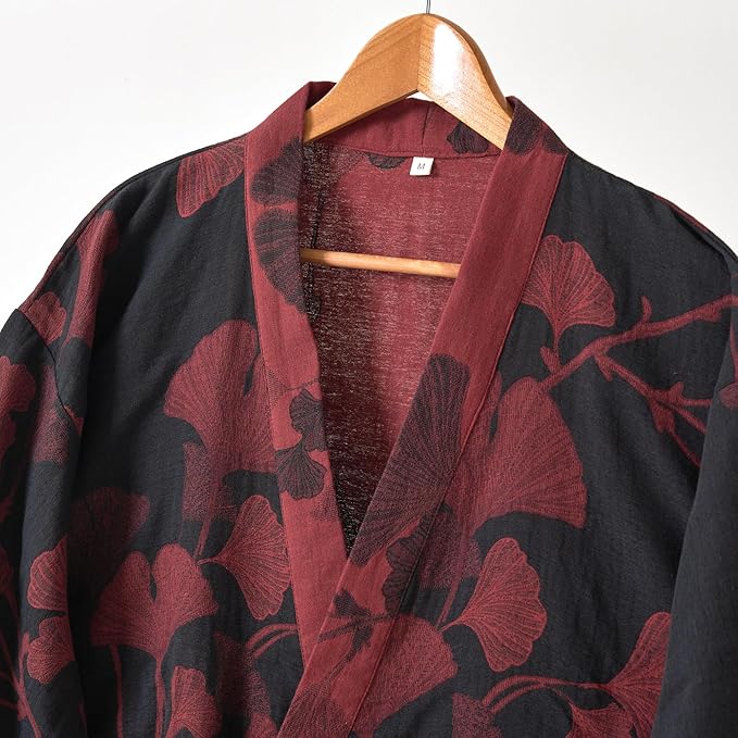 100% Cotton Gauze Ginkgo Leaf Kimono Robe, Long Knit Loose Bathrobe Nightgown Ladies Loungewear Sleepwear for Women