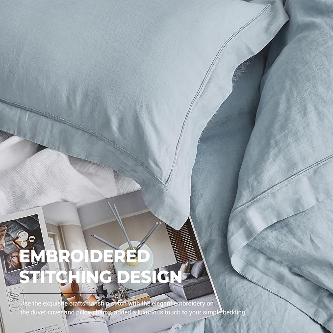 Simple&Opulence 100% Washed Linen Duvet Cover with Embroidered,3 Pieces Soft Farmhouse Comforter Set with Button Closure,1 Duvet Cover and 2 Pillowshams(Queen,Dusty Blue)