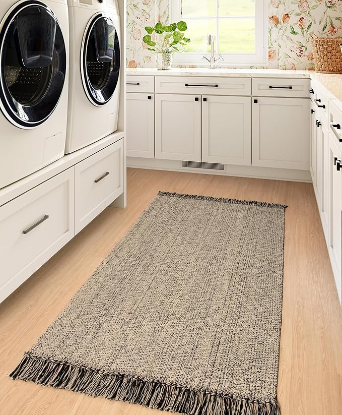 Collive Washable Area Rug 3x5, Modern Kitchen Rugs for Entryway, Natural/Black Braided 45% Cotton, 45% Polyester, 10% Viscose Small Indoor Outdoor Mat Throw Carpet for Laundry Nursery Bedroom
