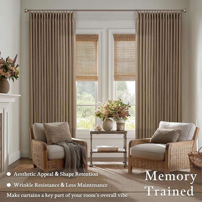 Brown Pinch Pleated Linen Curtains 90 Inches Long 2 Panels Set Light Filtering Memory Trained Rustic Boho Window Drape with Hooks Rings Dutch Cocoa Semi Sheer Patio Door Pleat Curtain W50xL90