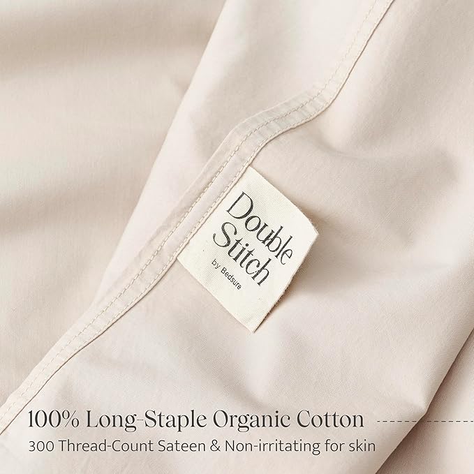 Double Stitch 100% Organic Cotton Sheets, King Size Sheets Set, GOTS Certified Long Staple Cotton Bedsheets, Luxury & Soft Hotel Bed Sheets with 16 inches Deep Pocket, Made in India Linen