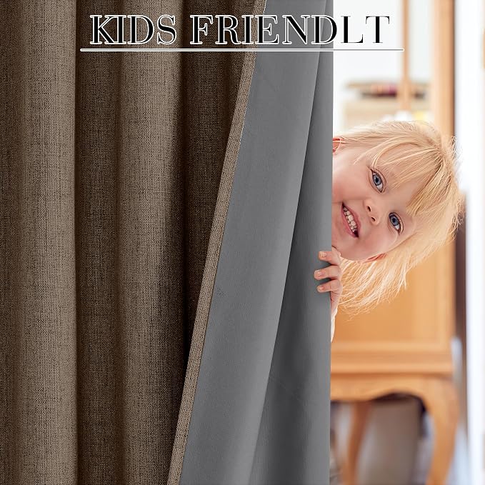 RYB HOME Brown 100% Blackout Short Curtains 45 inch Length 52 Width, Light Blocking & Thermal Insulated Linen Curtains for Kitchen/RV/Bathroom/Basement Small Window, 2 Panels