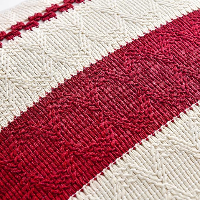 Fancy Homi Set of 1 Boho Red Decorative Throw Pillow Cover 16x16 Inch for Couch Bed Sofa, Aesthetic Modern Organic Farmhouse Home Decor, Soft Cotton Cute Accent Macrame Woven Cushion Case