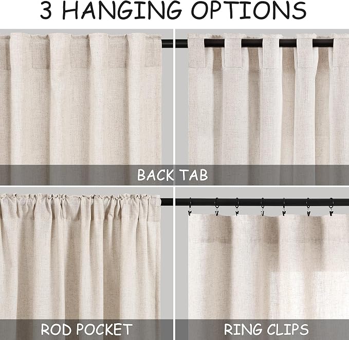 Nanspring Beige Cafe Curtains 48 Inch Length Set 2 Panel Back Tab Pocket Semi Sheer Short Linen Beige Curtain Tiers for Small Bathroom Window Basement 52x48