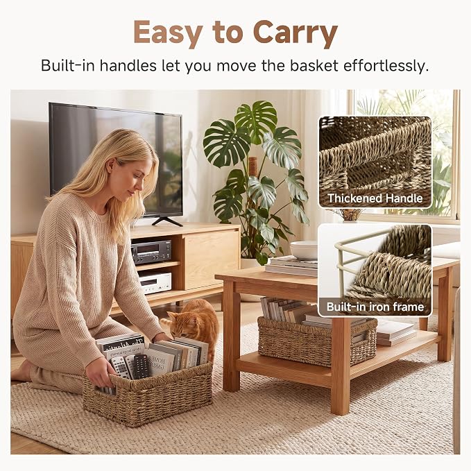 StorageWorks Rectangle Wicker Baskets for Organizing, Wicker Storage Baskets for Shelves, Decorative Basket, Seagrass Baskets with Handles, 2-Pack, 13" L x 8¼"W x 4¾"H