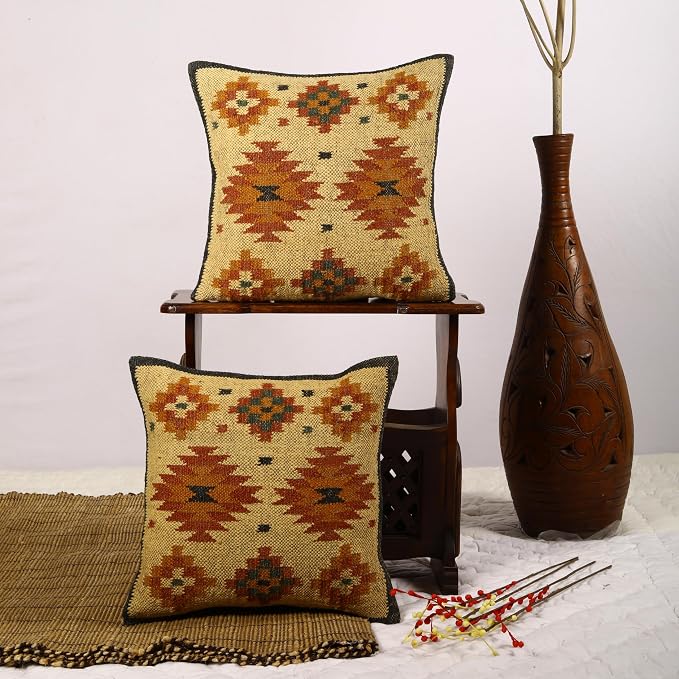 Trade Star Set of 2 Kilim Handwoven Pillowcases Southwestern Cushion Cover 18x18 Inches Designer 70% Jute 30% Wool Cushion Cover Throw Pillow Cover Handloomed Rug Decorative Cushion case (Kilim 15)