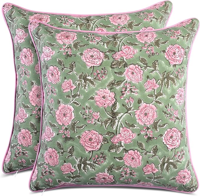 CPC 100% Cotton Throw Pillow Covers 24x24 Inch, Set of 2 Pink Block Print Pattern Couch Pillow, Cute Boho Decorative Pillows for Living Room, Bedroom with Hidden Zipper- Pink Tourmaline