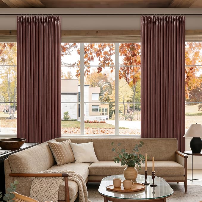 120 Inches Thick Linen Pleated Curtains 2 Panels Extra Long Chestnut Brown Country Light Filtering Drapes with Ceiling Track System Dark Terracotta Back Tab Window Curtain for Living Room Bedroom