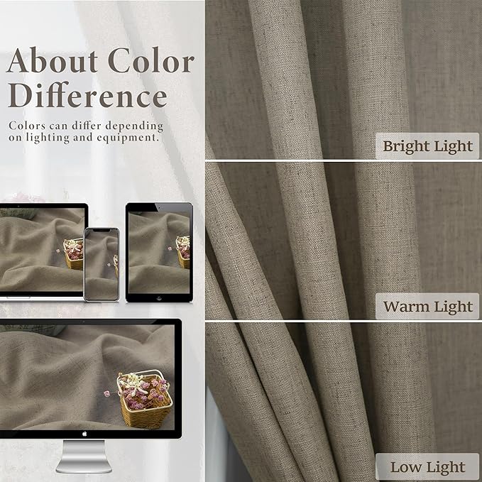 Pitalk Taupe Short Linen Curtain Living Room Back Tab Rod Pocket Lightweight Semi Sheer Curtains Burlap Light Filtering Thick Linen Drape for Bedroom 52 x 45 Inches Long Set of 2 Panels