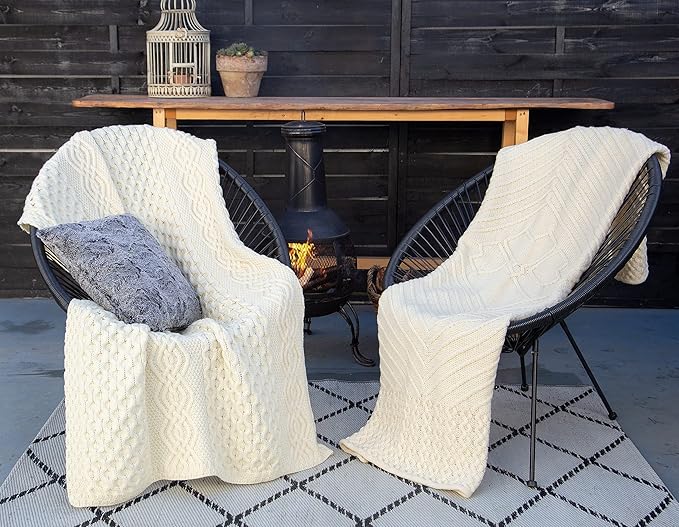 SAOL Irish Throw with Shamrock - 100% Merino Wool Aran Couch Blanket 48'' x 68'' (122 x 173 cm) (Natural)