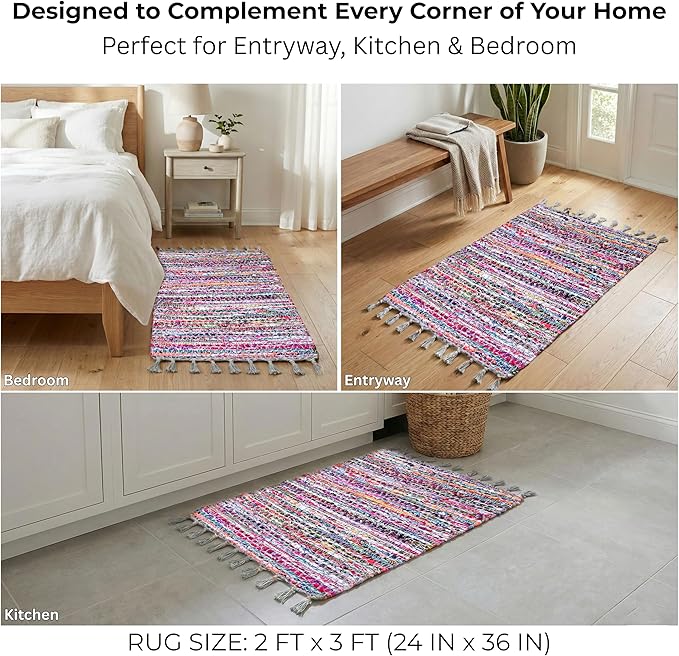 Cotton Diamond Chindi Rug 2x3 Feet - Multi, Bohemian Hand Woven Soft Recycled Decorative Floor Rag Rugs Ideal for Entryway, Kitchen, Nursay Room | Small Durable Colorful Door Mat for Home Décor