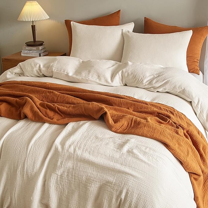 SE SOFTEXLY Muslin Duvet Cover Queen Size, 100% Washed Cotton Duvet Cover Set, Ultra Soft Comforter Cover Linen Like, 3 Pieces Minimalist Gauze Duvet Cover with 2 Pillowcases, 90"x90", Off-White
