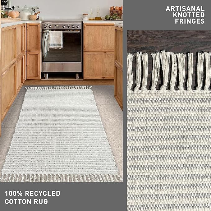 Chardin home Grey & Ivory Providence Throw Rug 2x4.25 feet |Hand Woven Farmhouse Rug | Great in Kitchens entryways doormats Bathrooms Meditation Mat | Machine Washable & Reversible CottonRug